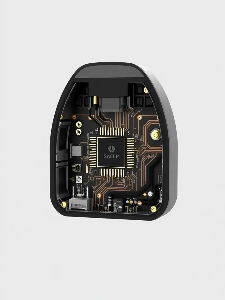 A detailed image of the internal components of a smart-chip controlled pod system, highlighting the advanced technology and precise engineering involved. The image should showcase the smart chip and its functionalities.