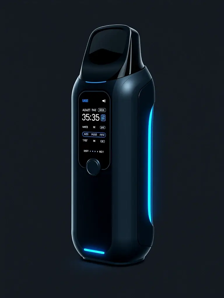 A close-up image of a modern pod system with a digital interface, showing customizable settings and smart-chip technology.